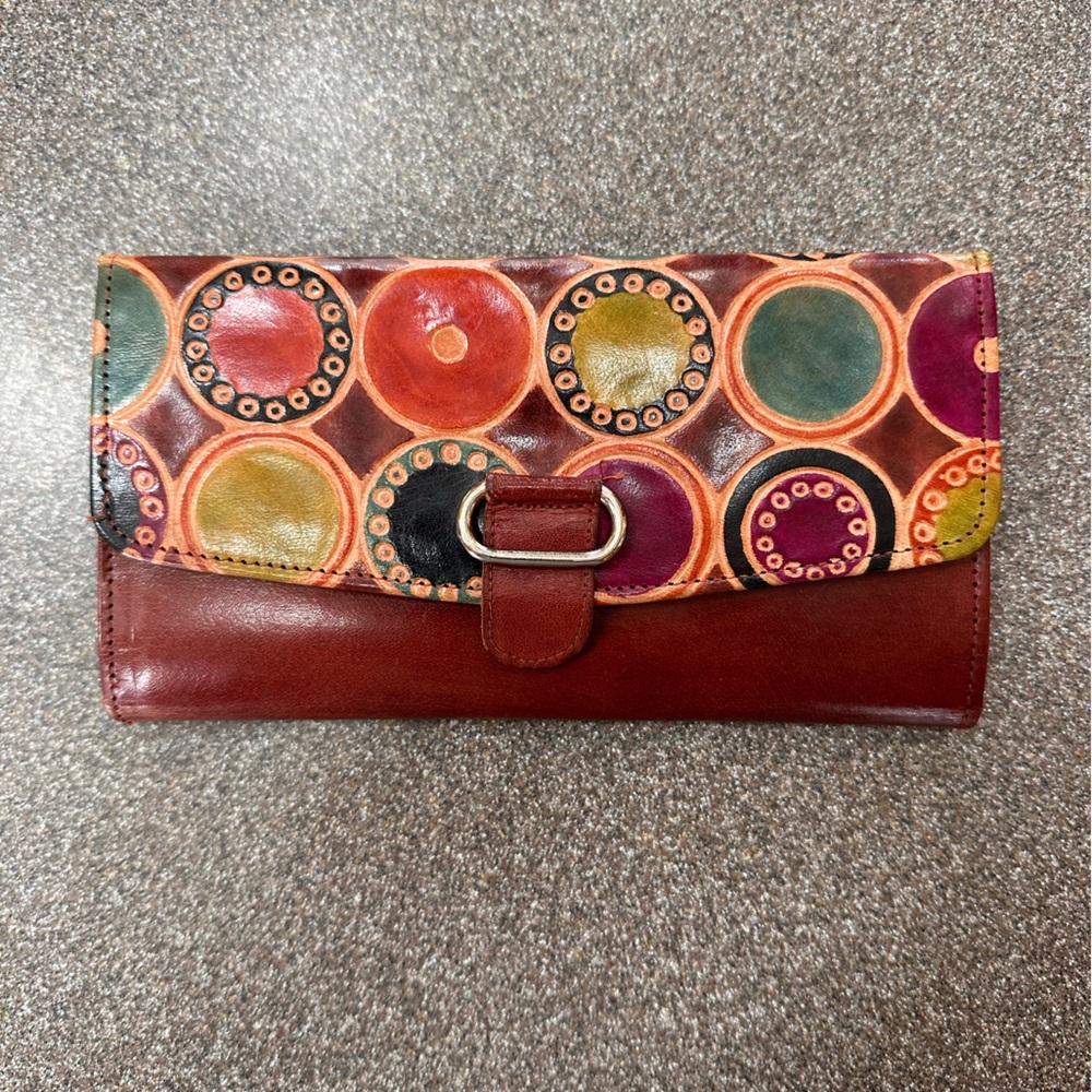 Leather Trifold Wallet with Geometric Circle Design Bright Colors